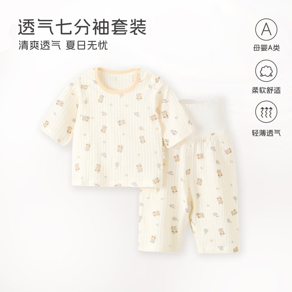 Baby pajamas pure cotton thin kids home clothes summer boys and girls three-quarter sleeves air-conditioning clothes high waistseparatessuit