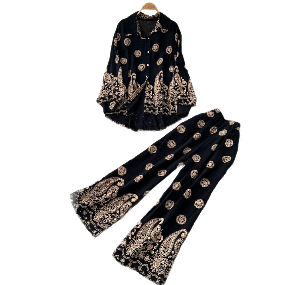 Retro ethnic style printingeleganttwo-piece set female autum puff sleeve polo collar silmloose pants royal sister suit