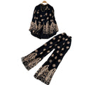 Retro ethnic style printingeleganttwo-piece set female autum puff sleeve polo collar silmloose pants royal sister suit