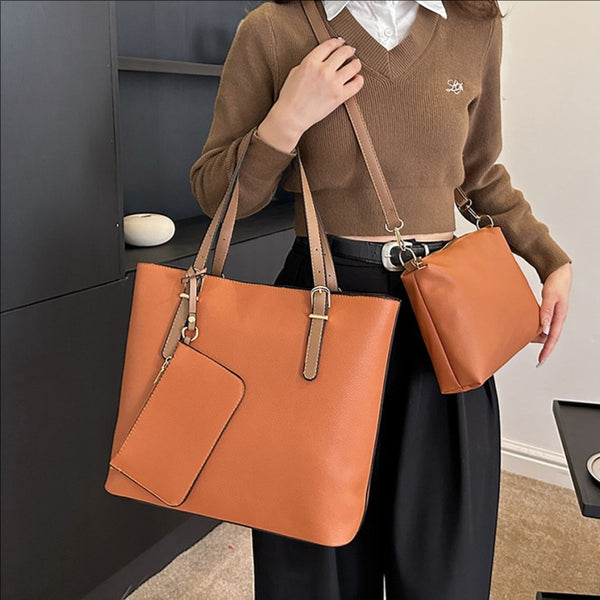 Cross-border wholesale handbag large-capacity commuter tote bag casual soft leather handbag three-piece shoulder women's bag