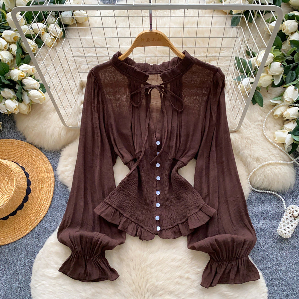 French court style ruffle-trimmed bell sleeve chiffon blouse - women's summer, elegant, and figure-flattering top with tie waist