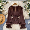 French court style ruffle-trimmed bell sleeve chiffon blouse - women's summer, elegant, and figure-flattering top with tie waist