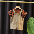 new boys' two-piece set: toddler forest-style striped korean overalls short-sleeve casual outfit - versatile and stylish