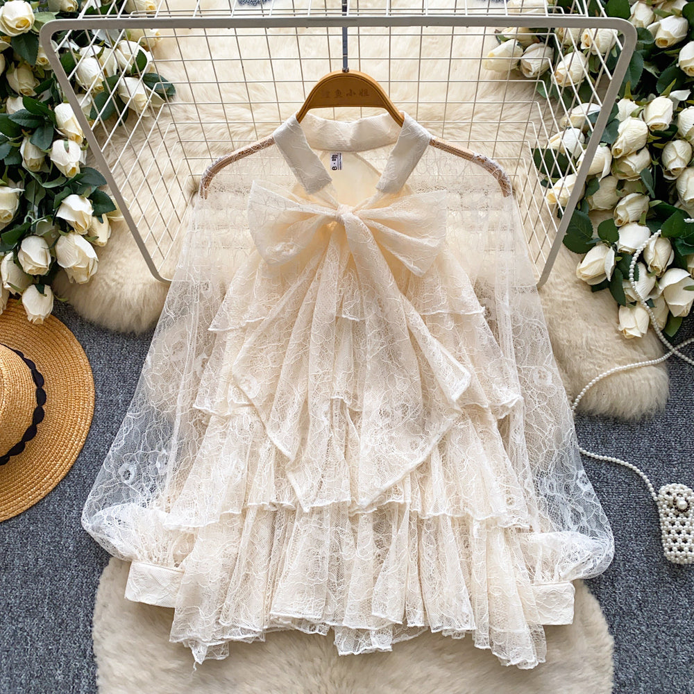 French chic lantern sleeve blouse -  spring collection: ruffle trim, butterfly collar design, elegant and sophisticated top