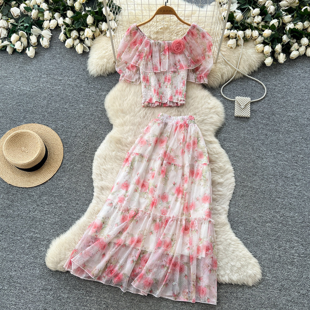 French romantic one-shoulder bubble sleeve floral two-piece set - women's summer high-waisted mesh cake skirt elegant outfit