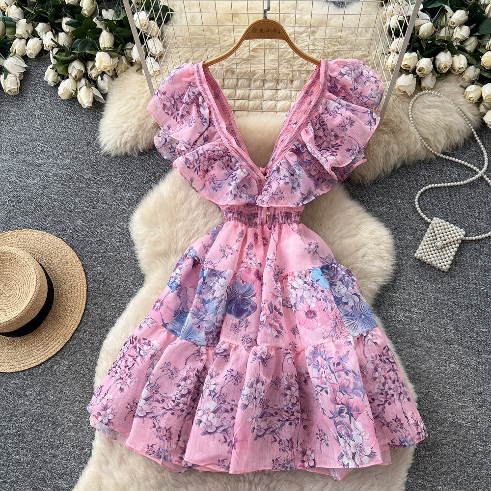 K-style floral sleeveless waistless dress women's summerrufflesv neckhigh waist a-line skirt work clothing pink skirt