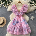K-style floral sleeveless waistless dress women's summerrufflesv neckhigh waist a-line skirt work clothing pink skirt