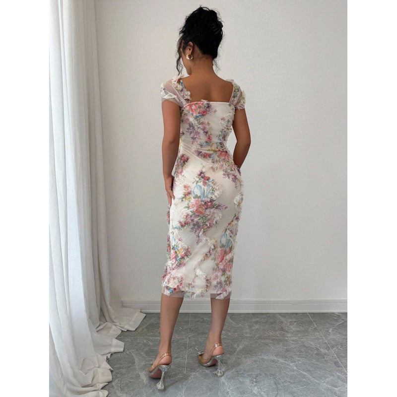 Women's elegant romantic mesh floral print ruched midi dress - perfect for weddings, parties, and dates