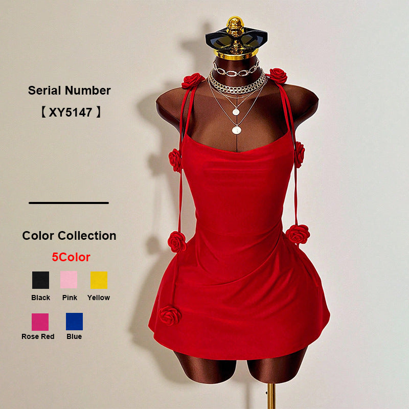 spring/summer knitted dress evening gown european and american style 3d floral suspender dress - small batch customization available