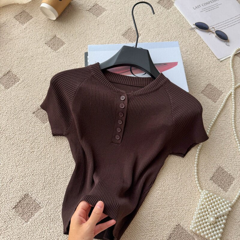 Old money style knittingcasualpure colorcasual women's summereasiest for matchslimming look single breastedv neckwork clothingtops multi-color