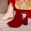 2022 new arrival engagement red chunky heel bridal shoes women's xiuhe high heels beaded wedge heel winter ankle boots
