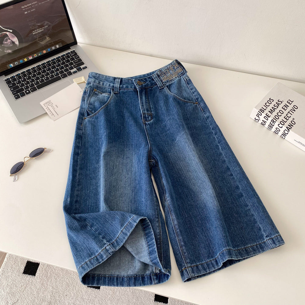 Lazy feeling new arrivalhigh waist wide leg denim half length pants women's summercasualcasuallooseslimming lookeasiest for matchstraight-leg pants
