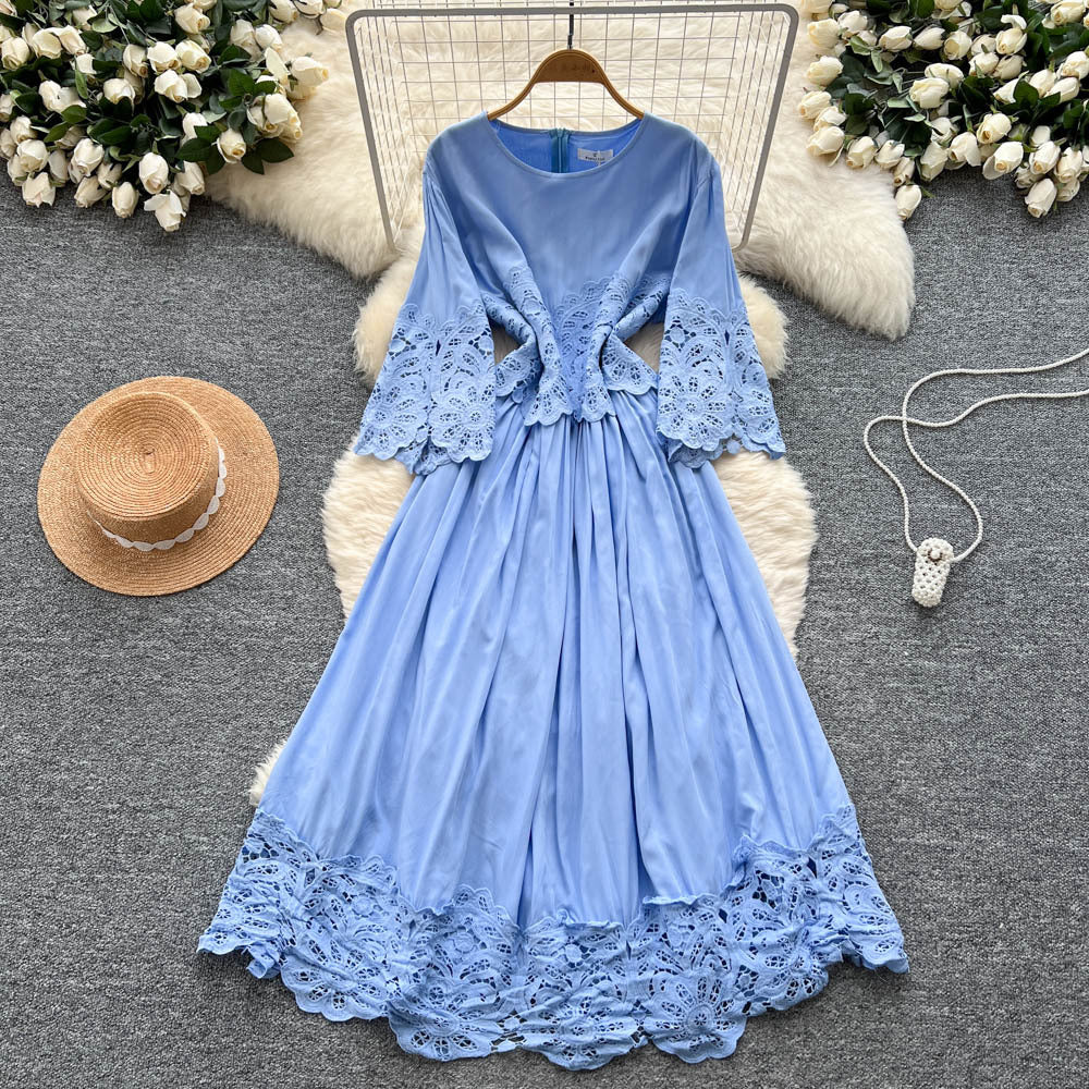French court style three-quarter sleeve dress - women's summer mesh hollow-out crochet design, elegant flowy maxi dress