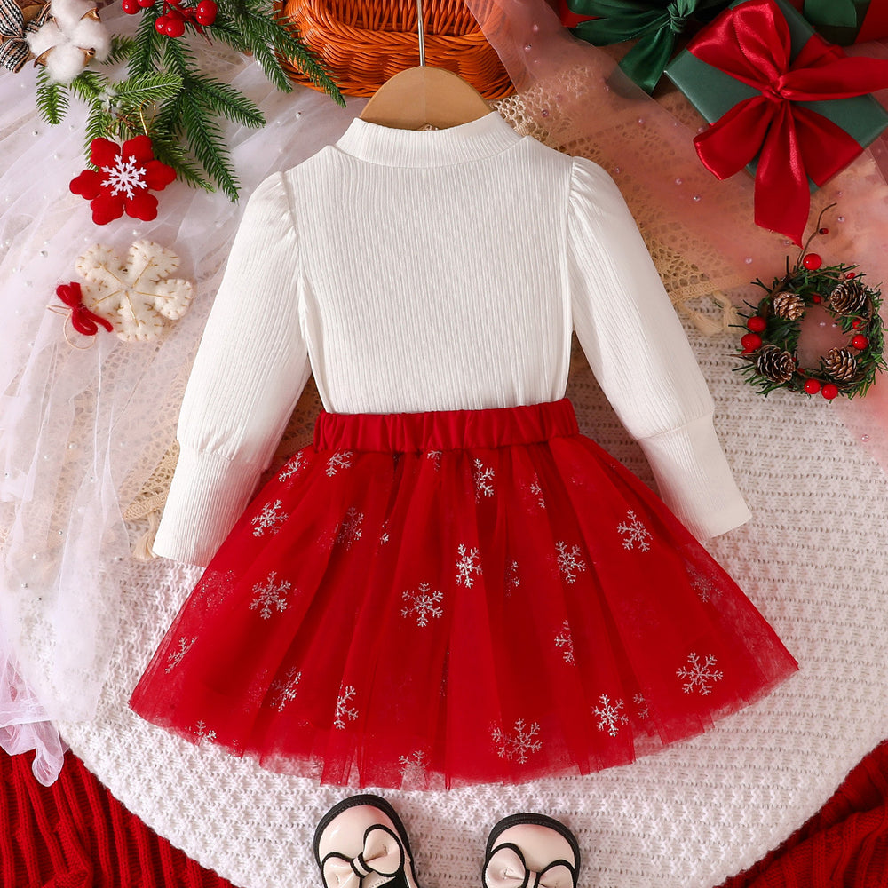 new european and american christmas top with puff sleeves + mesh skirt bow set - hot selling direct from the factory