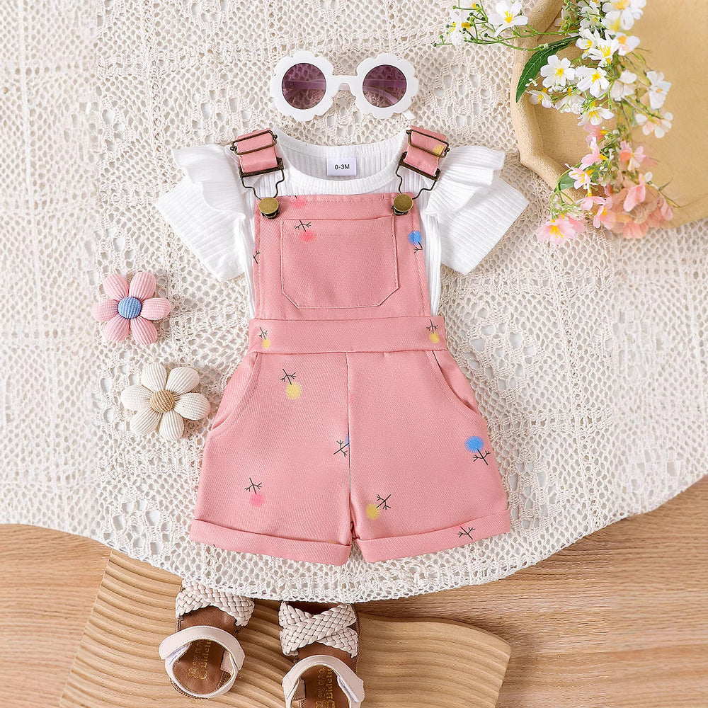 Amazon spring new girls' baby outfit set: solid color short-sleeve top with printed overalls two-piece set
