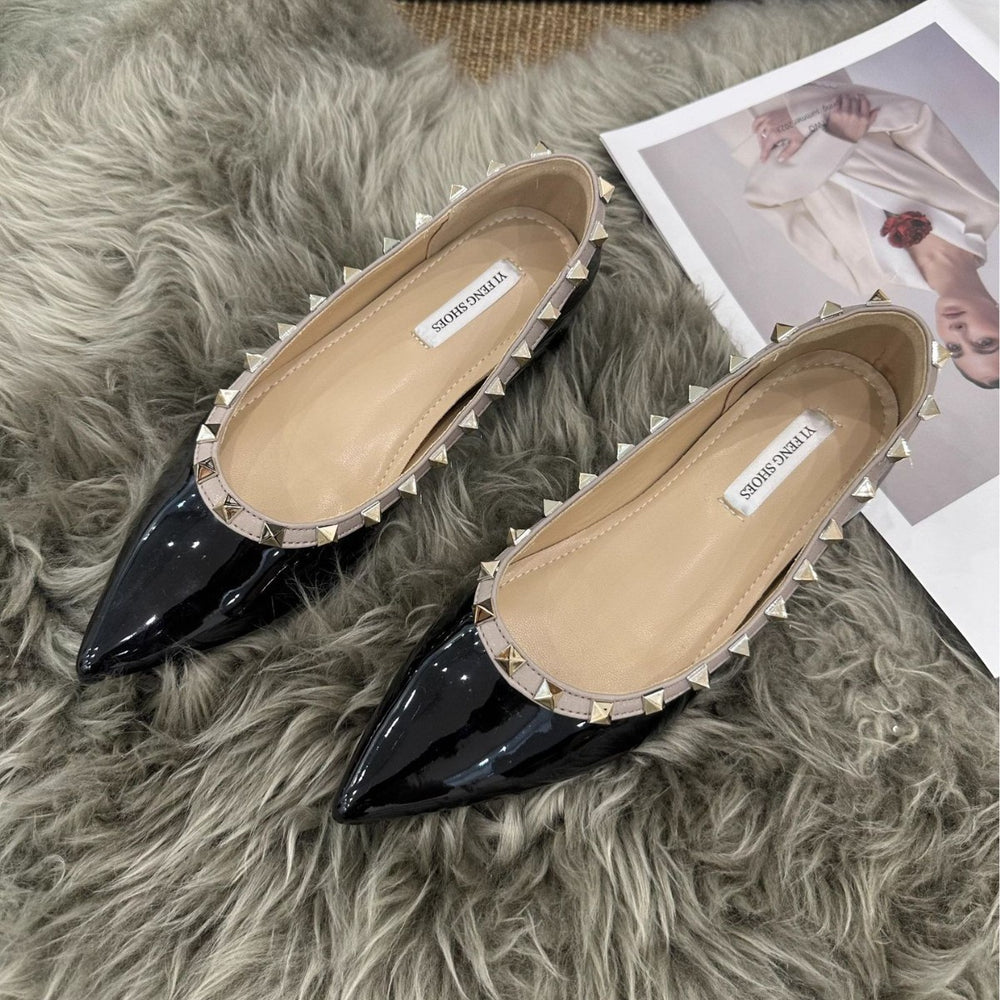 Women's single shoes: new spring/autumn 2025 pointed-toe studded hidden heel french patent leather fashionable versatile low-cut high heels