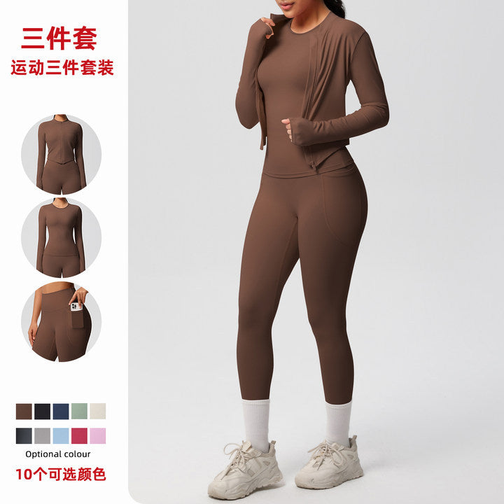 new cloud-soft brushed long-sleeve athletic zip-up jacket casual running butt-lifting fitness yoga three-piece set