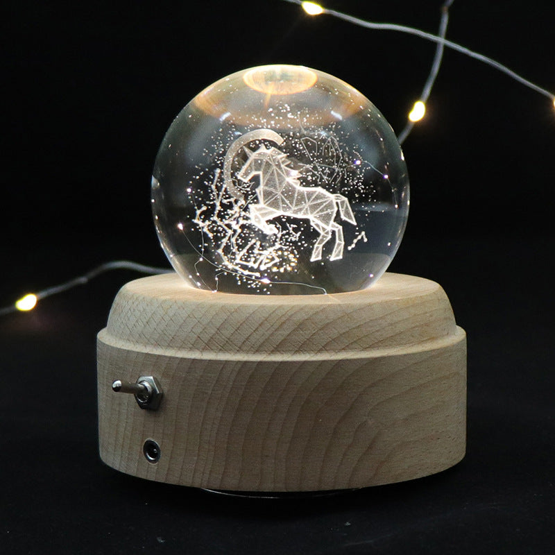 ins girl bedside lamp music box crystal ball wooden base music box charging luminous rotating music box