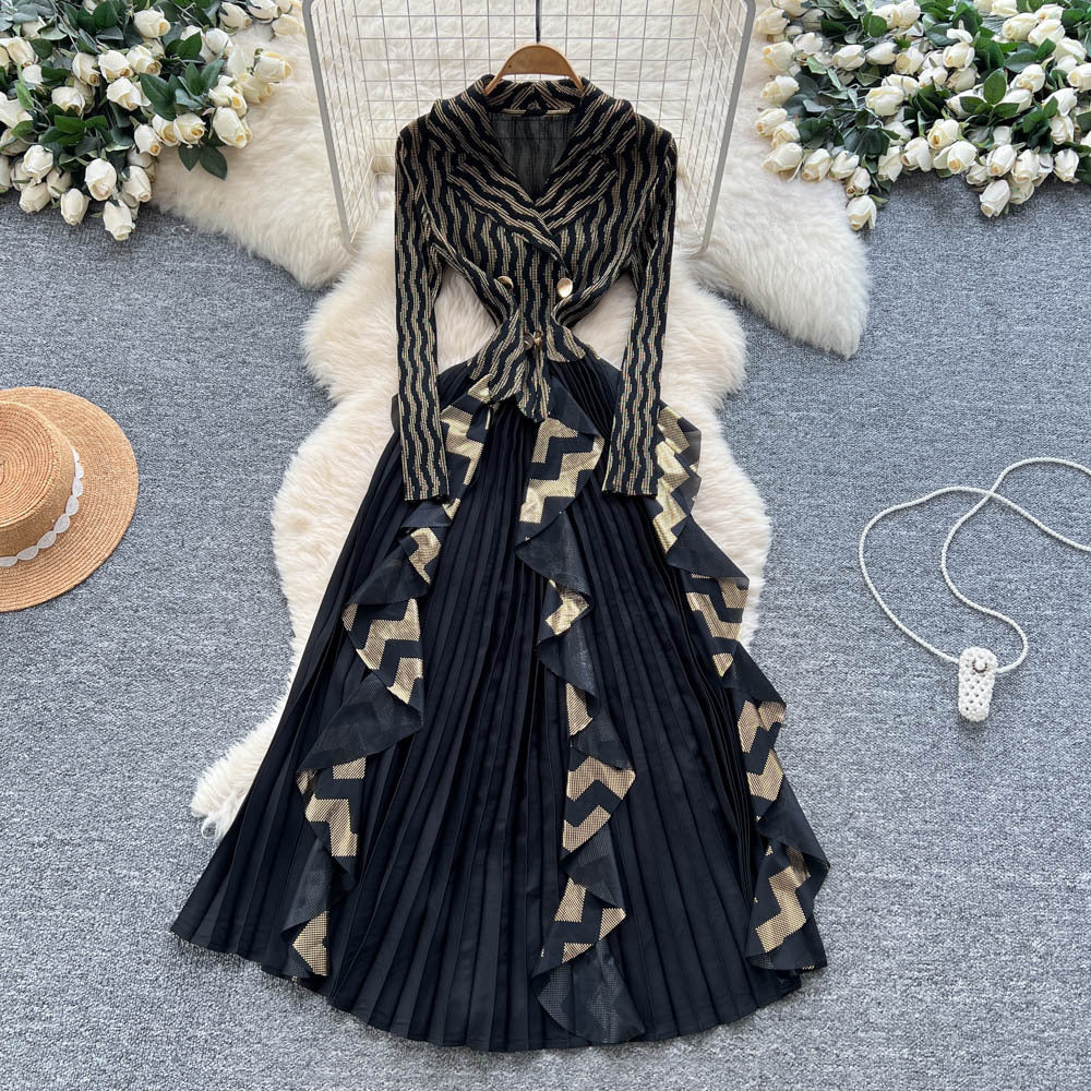 Miya european and american high-end western style suit collar long sleeves double-breasted waist patchworkruffles pleated longdress