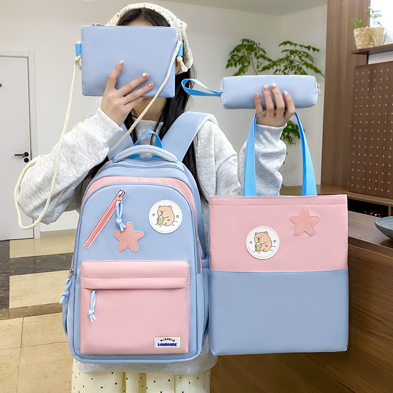 Korean version of college style schoolbag four-piece set, primary and secondary school backpack, girls fresh and sweet backpack, multi-compartment backpack