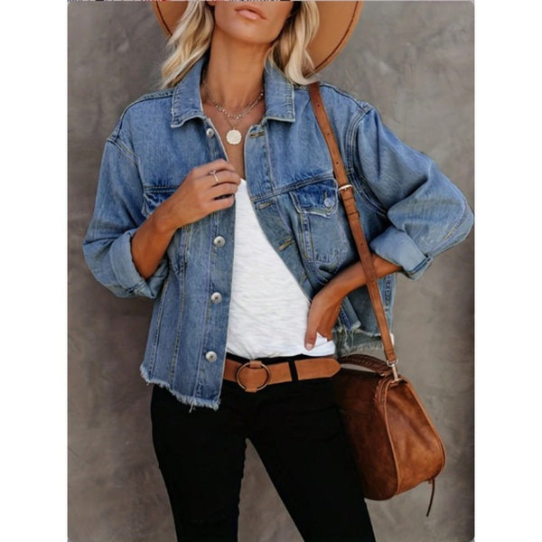 TC010242 #European and American   women's beard edge long-sleeved jacket light blue denim jacket top