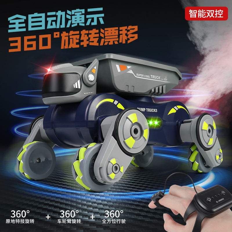 new product 2.4g eight-wheel stunt robot dog gesture sensor deformation spray kids climbing remote control car toy