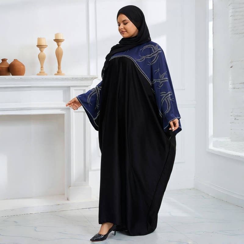 dropshipping african plus size color matching hot diamond bat sleeve loosedress with headscarf