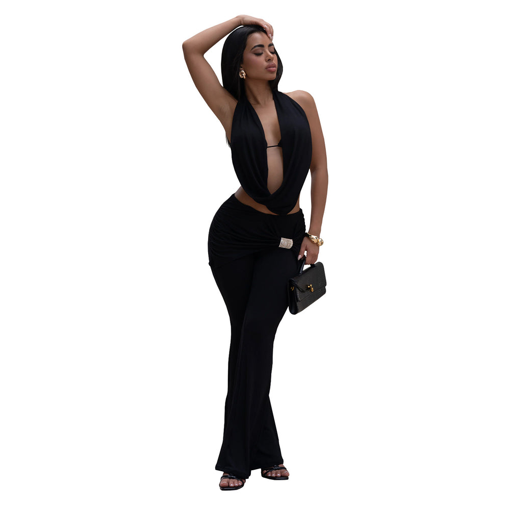 C7589 cross-border   fashion women's sexy solid color backless top and pants set - new