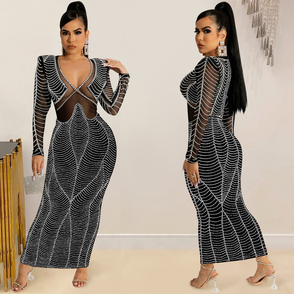 C5912   fashion sexy nightclub hot diamond mesh see-through v neck long sleeves long skirt dress women