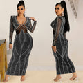 C5912   fashion sexy nightclub hot diamond mesh see-through v neck long sleeves long skirt dress women