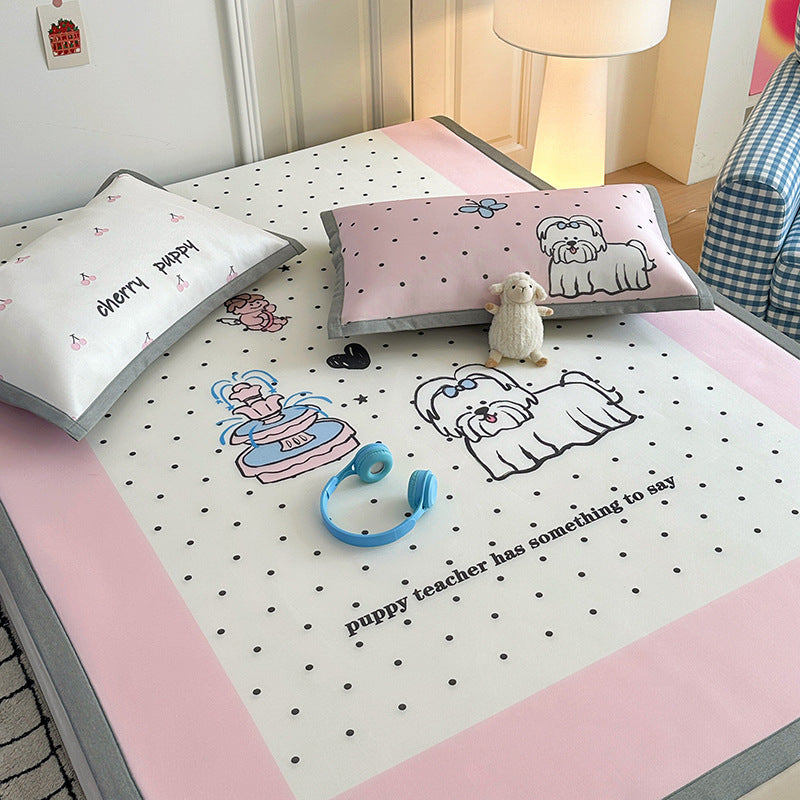 Summer cute ice silk mat three-piece set 1.8 meters single dormitory 0.9 cool silk carbon light foldable soft mat