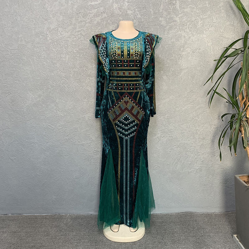 supply fall and winterelegantwork clothing beading heavy industry hot diamond patchwork mesh high waist hip-covering mermaid dress
