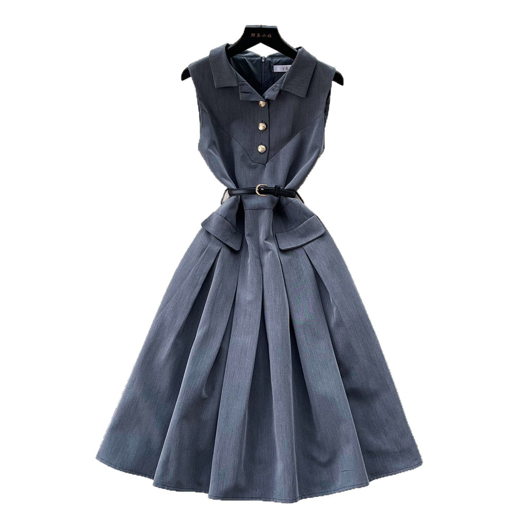 Salt style wear work clothing sleeveless lapel dress female summer waist slimming lookpleated skirteleganceelegant silm skirt