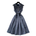 Salt style wear work clothing sleeveless lapel dress female summer waist slimming lookpleated skirteleganceelegant silm skirt