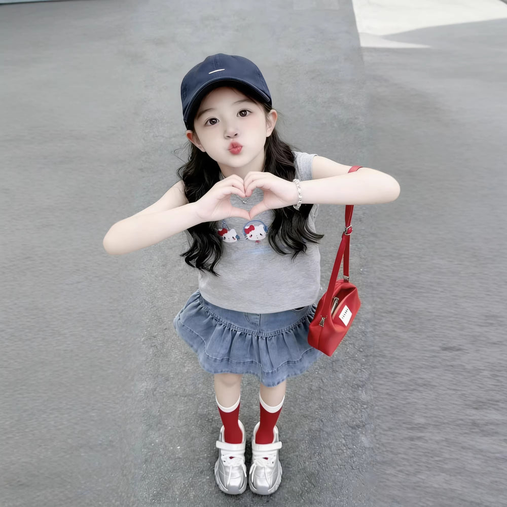 Girls'  summer comfortable cartoon cat tank top set, baby girl casual sweet denim skirt two-piece outfit