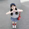 Girls'  summer comfortable cartoon cat tank top set, baby girl casual sweet denim skirt two-piece outfit