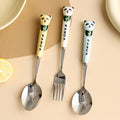 Cartoon stainless steel cutlery set: cute kids' forks with stylish ceramic handles, exquisite dessert spoons, and serving spoons