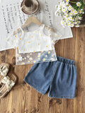 spring/summer european and american style girls' hollow-out cardigan, solid color camisole + sunflower print denim pants three-piece set