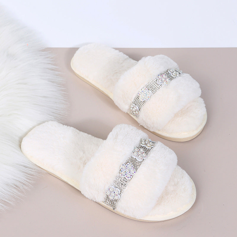 autumn and winter new arrivalk-style imitation rabbit stuffed fish mouth flower cotton slippers soft bottom home pure color cotton slippers dropshipping