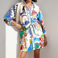 cross-border  women's clothing: summer new linen casual printed shirt cardigan tie-up dress for women