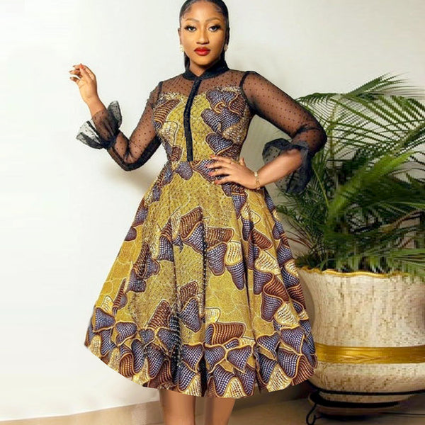 AM030310 fashion mesh dress, retro printing loose waist bow tie A-line dress