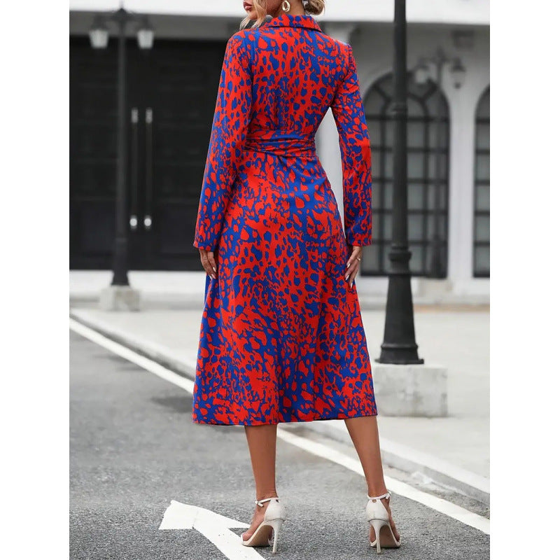 Shipped to fashion cross-border  all-over printing buttons long sleeves waist a-line dress independent station