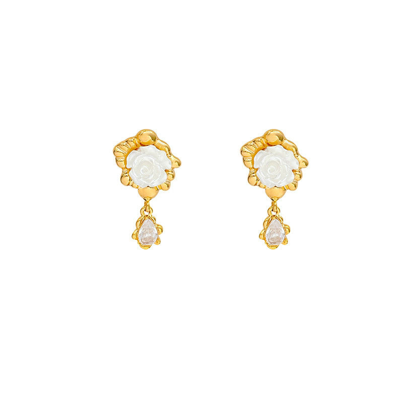 18k gold plated french rose flower earrings - women's zircon tassel dangle earrings - unique european and american style accessories