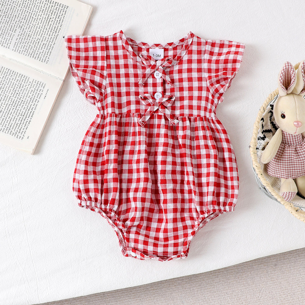 Children's clothing shein cross-border girl suit red plaid flying sleeve one-piece khaki