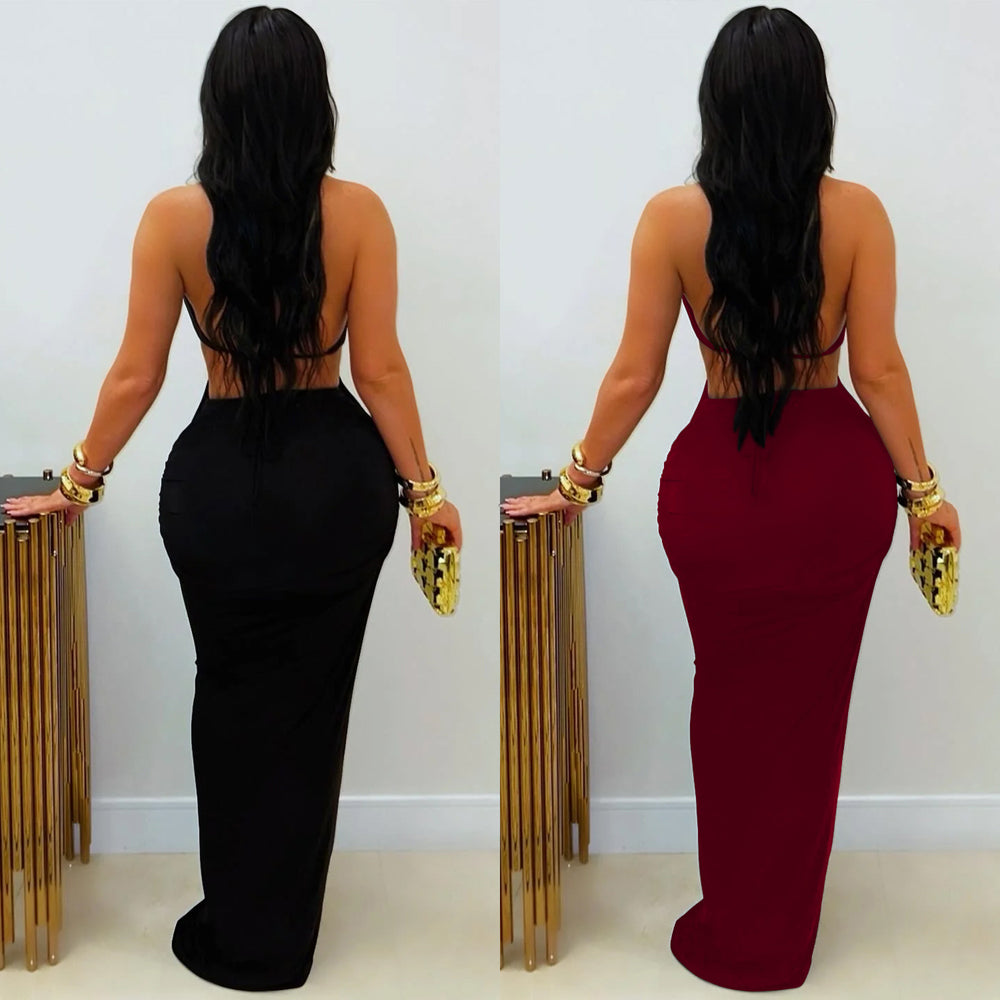 C7572 cross-border   fashion women's sexy slim-fit solid color tie-up sleeveless dress