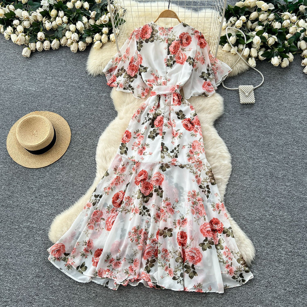 French chic high-end women's summer dress - elegant, figure-flattering, asymmetrical ruffle hem, floral chiffon maxi dress