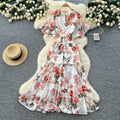 French chic high-end women's summer dress - elegant, figure-flattering, asymmetrical ruffle hem, floral chiffon maxi dress