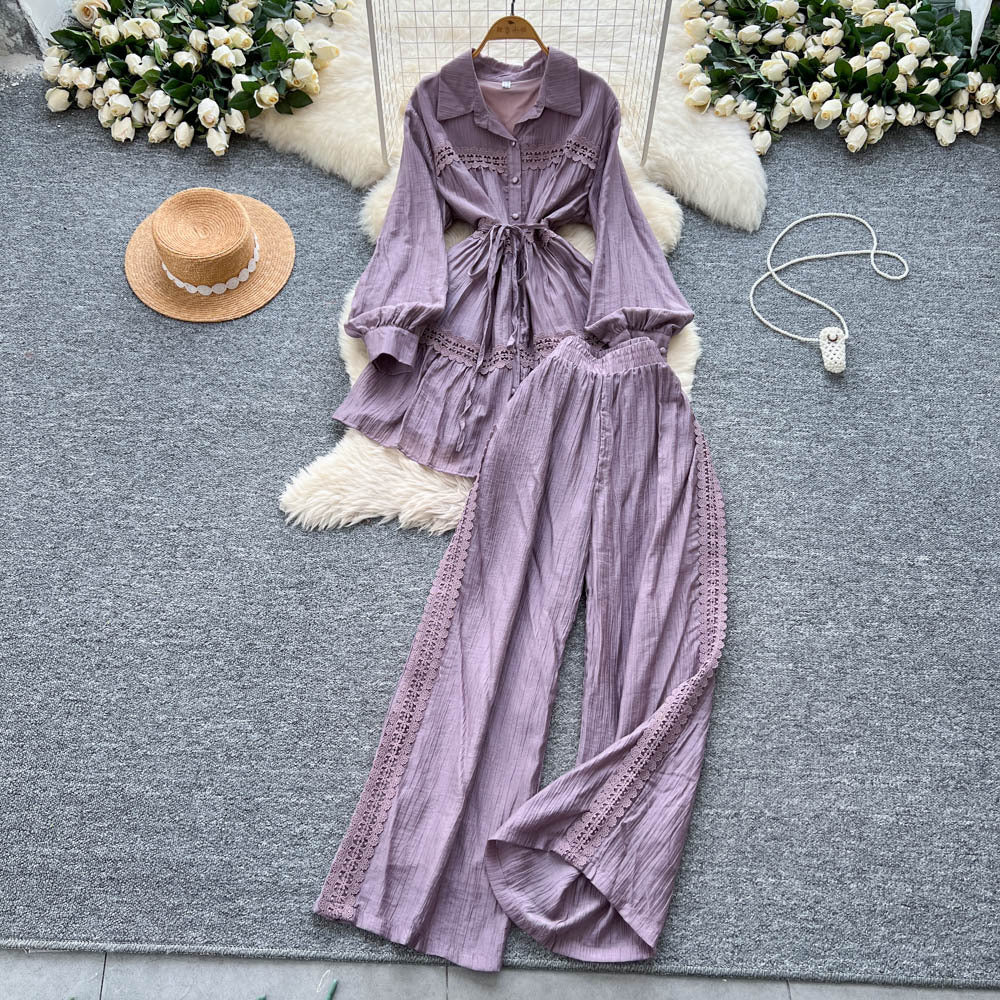 Frenchretro young ladysuit women's summer lantern sleeve shirt + elastic waist slimming look wide leg drapedpants