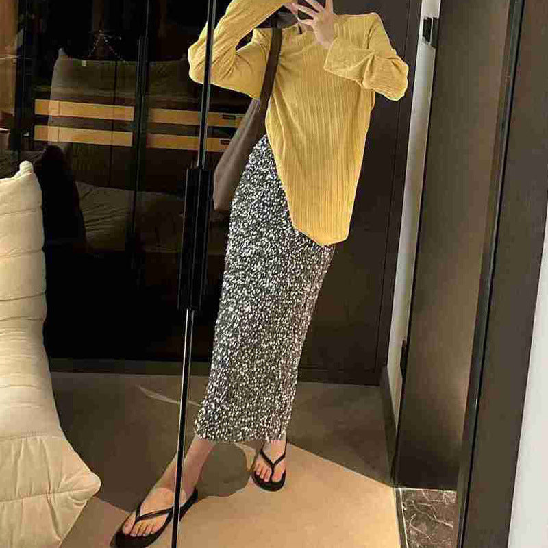 2025 european and american new fashion high-waisted slimming sequin midi skirt - women's elastic waist, back slit, stretch straight-leg long skirt