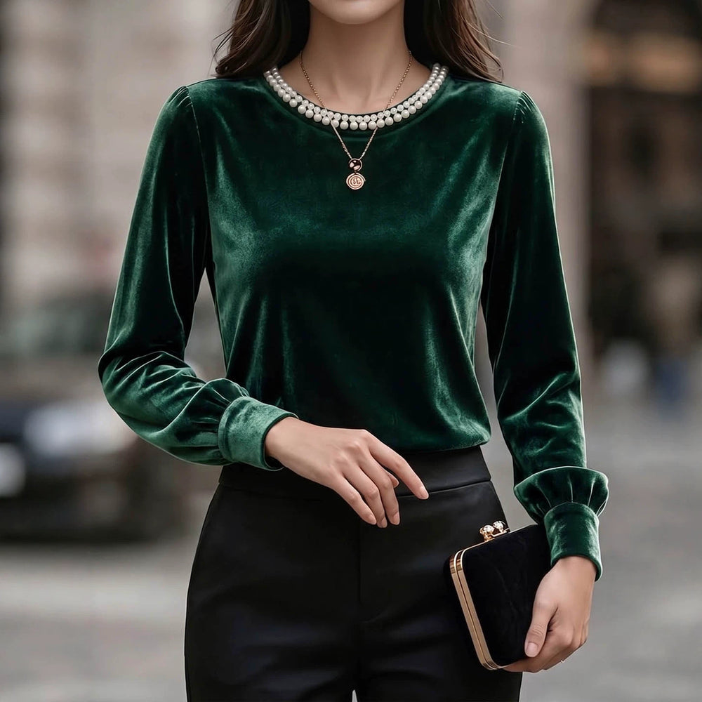 European and american style velvet base layer top - round neck, beaded embellishments, long sleeves with cuffed sleeves, elegant inner layer top - wholesale supply